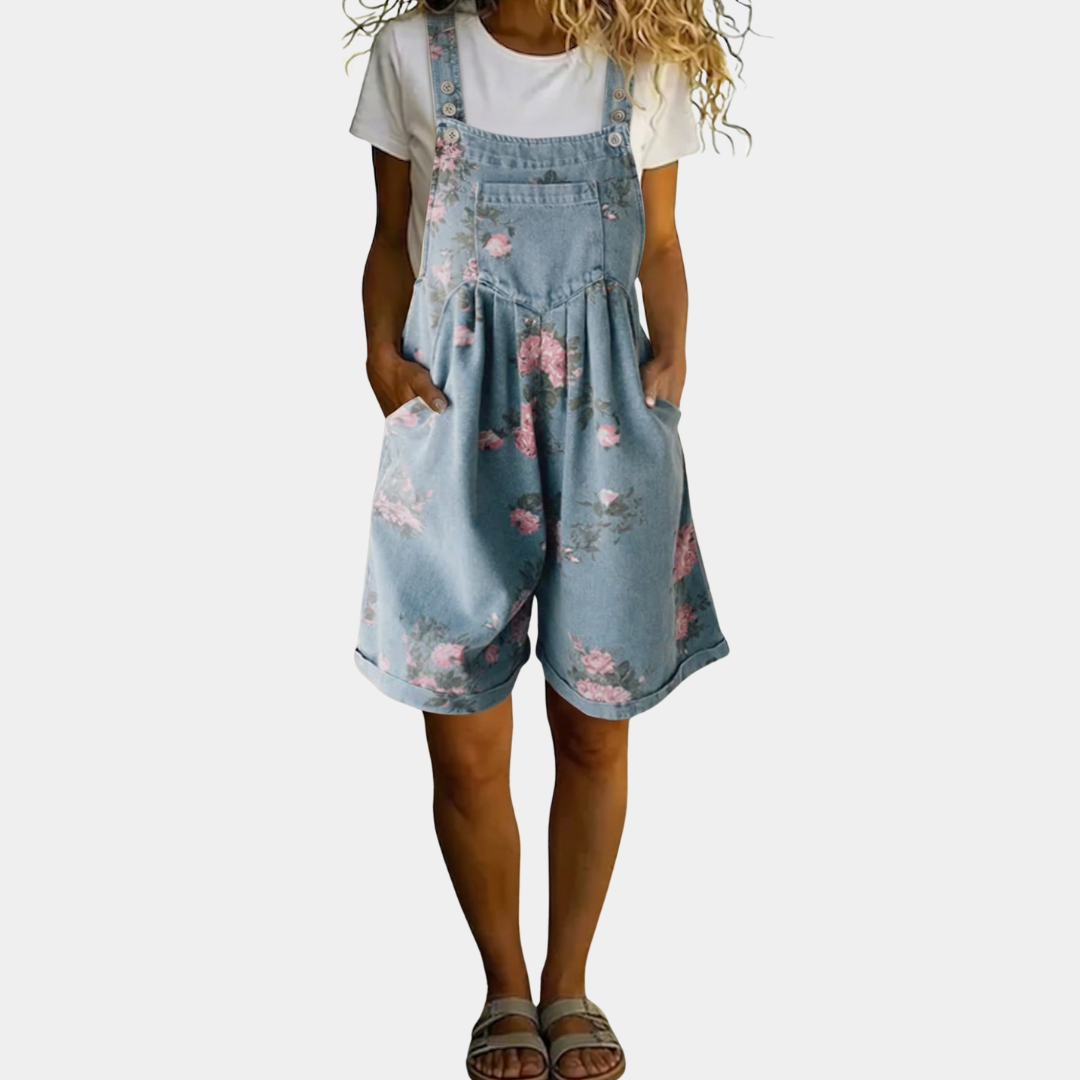 Adriana - Floral Denim Jumpsuit with Soft Cotton Feel and Vintage Wash
