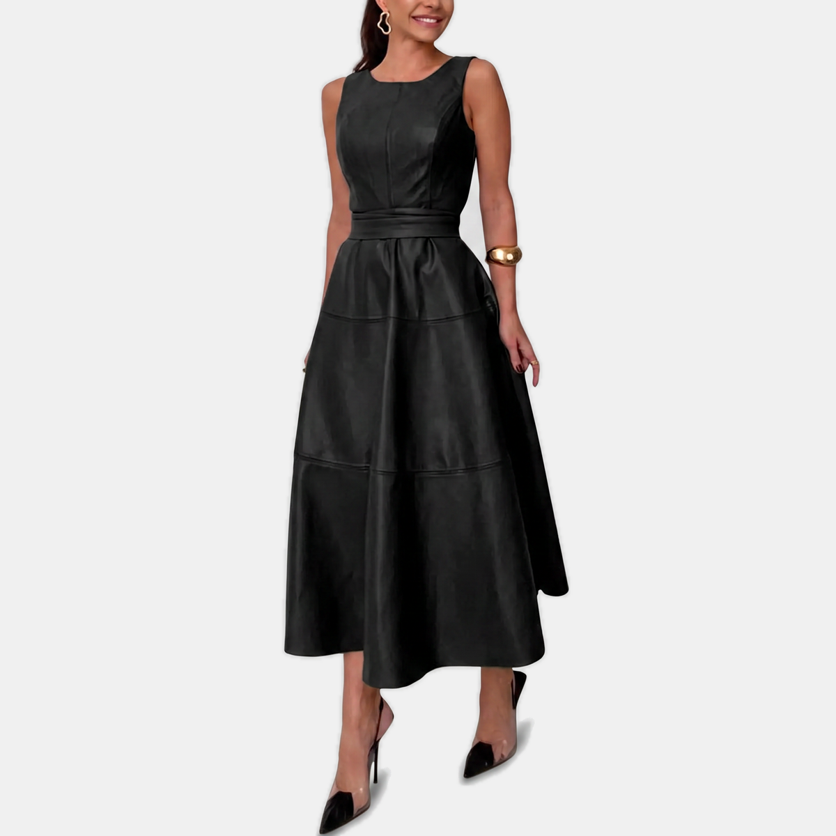 Women’s Faux Leather Belted A Line Midi Dress