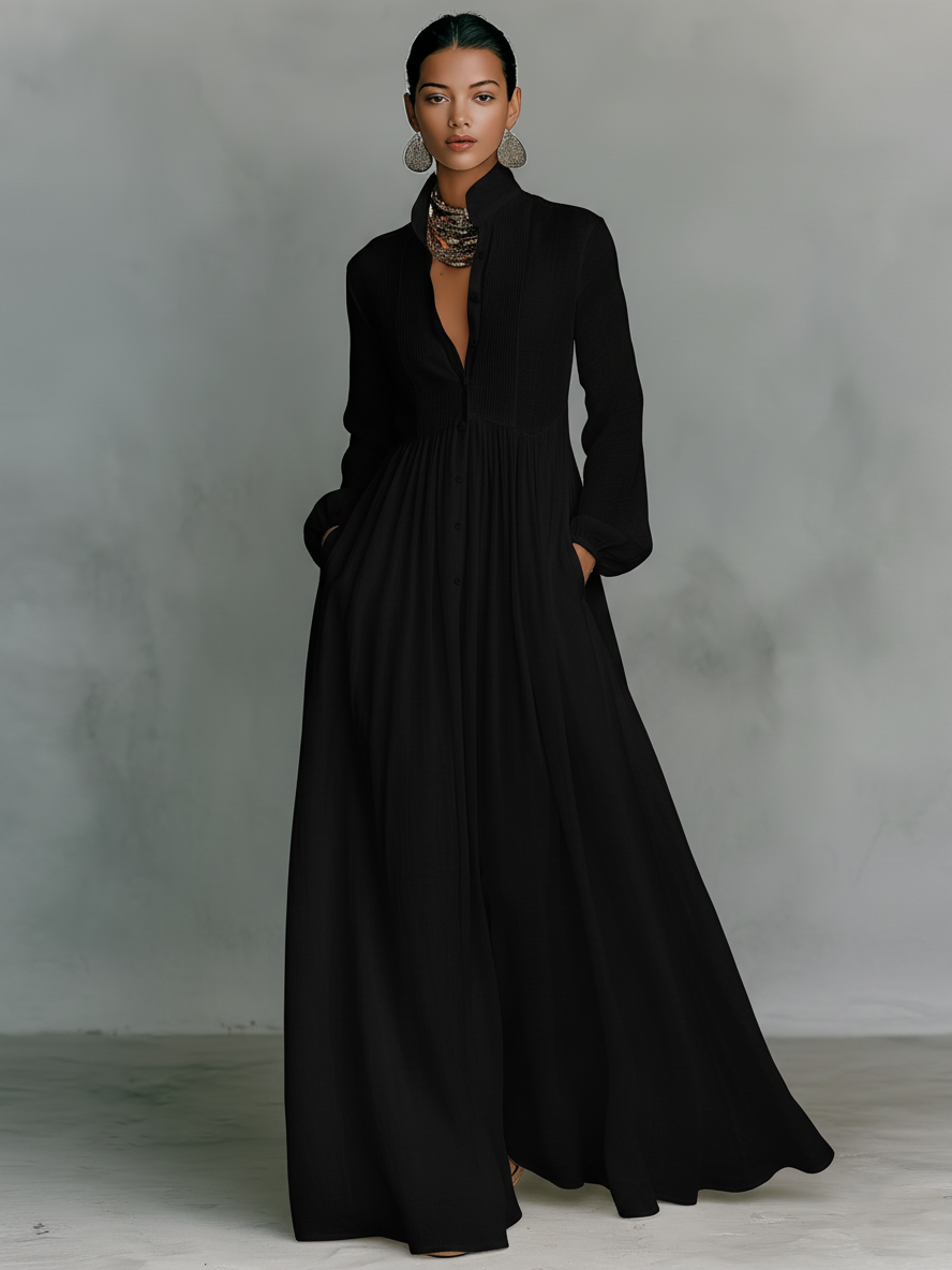 Maxi Minimalist Dress in Cotton & Linen with Patchwork, High Collar and Long Sleeves
