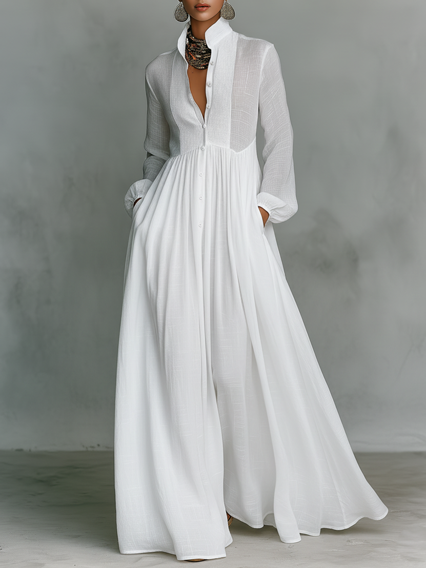 Maxi Minimalist Dress in Cotton & Linen with Patchwork, High Collar and Long Sleeves