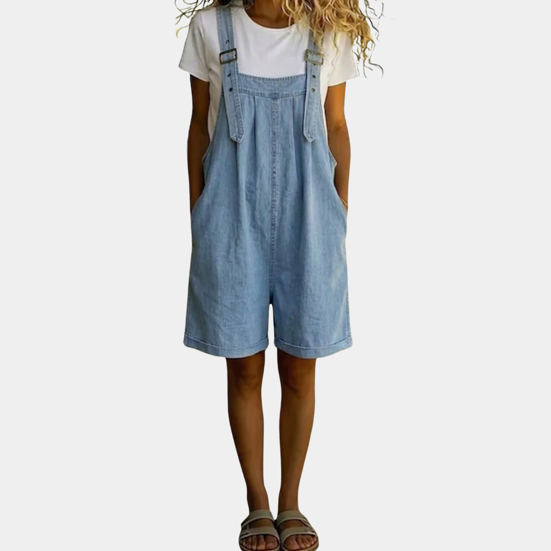 Isabel - Short Denim Jumpsuit with Soft Cotton Feel and Vintage Wash Light Blue