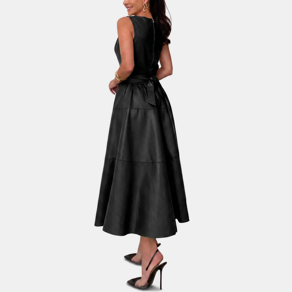 Women’s Faux Leather Belted A Line Midi Dress
