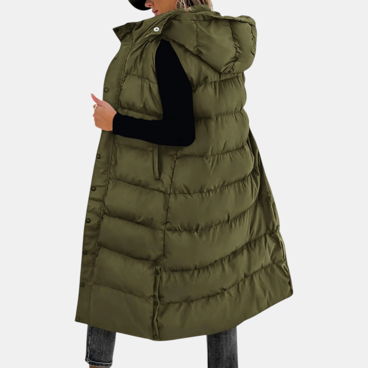 Women’s Puffer Vest Quilted Hooded Maxi Length Button Down