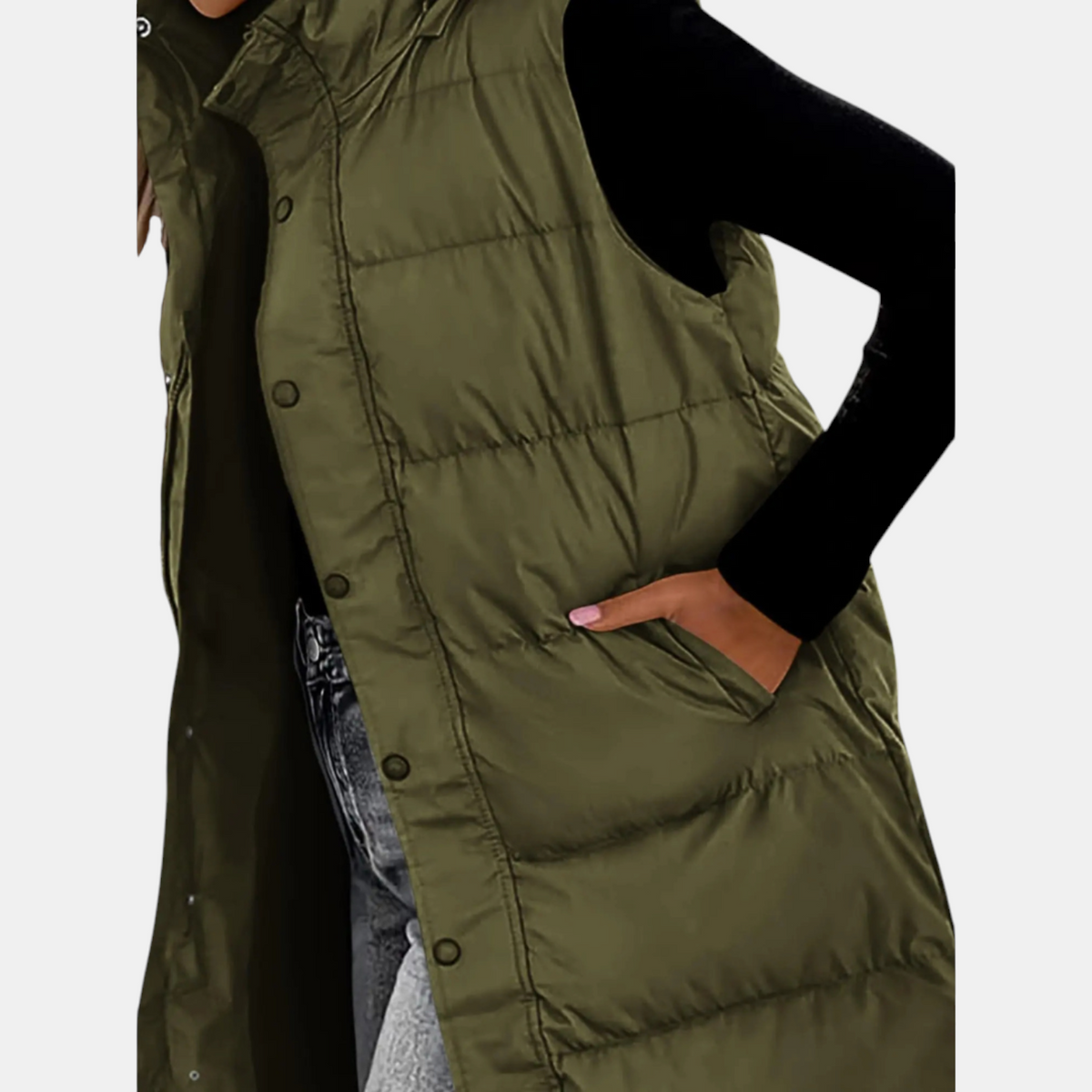 Women’s Puffer Vest Quilted Hooded Maxi Length Button Down