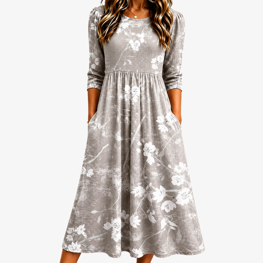 Silver Blossom Grace Pocket Midi Dress