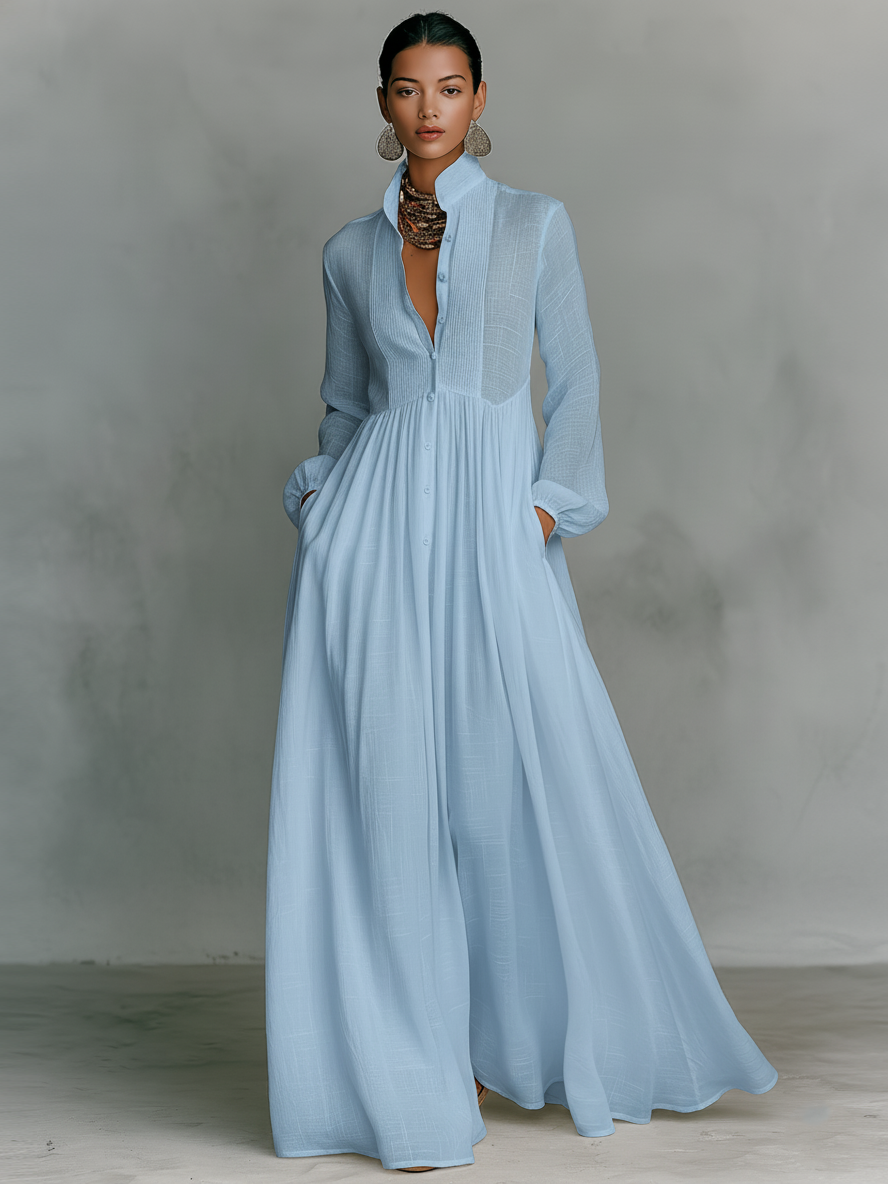 Maxi Minimalist Dress in Cotton & Linen with Patchwork, High Collar and Long Sleeves