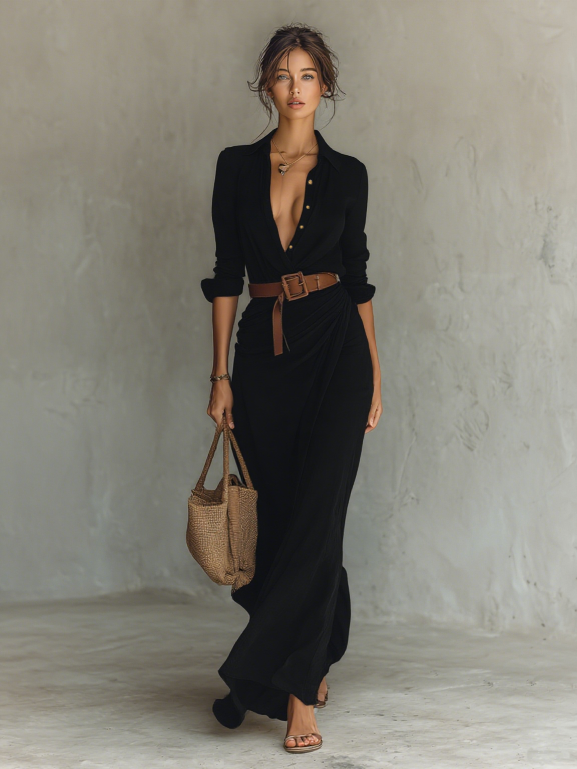 Maxi Long Dress with Lapel Collar and Long Sleeves for Women