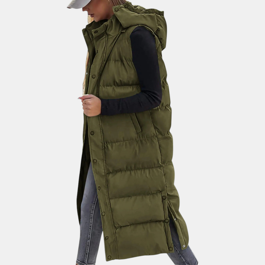 Women’s Puffer Vest Quilted Hooded Maxi Length Button Down