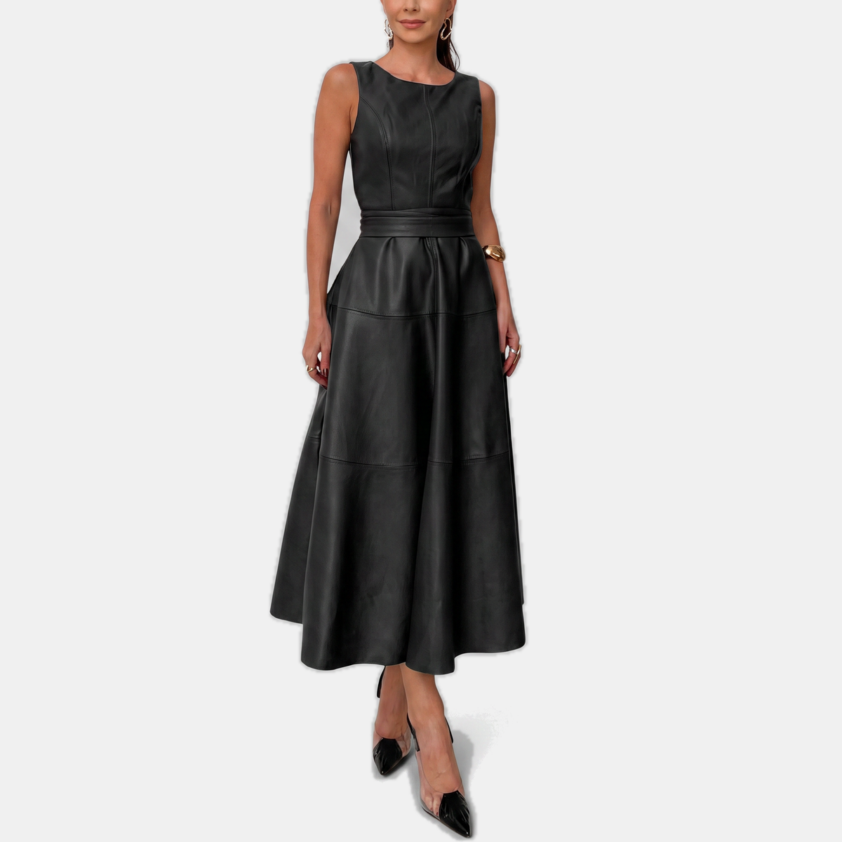 Women’s Faux Leather Belted A Line Midi Dress