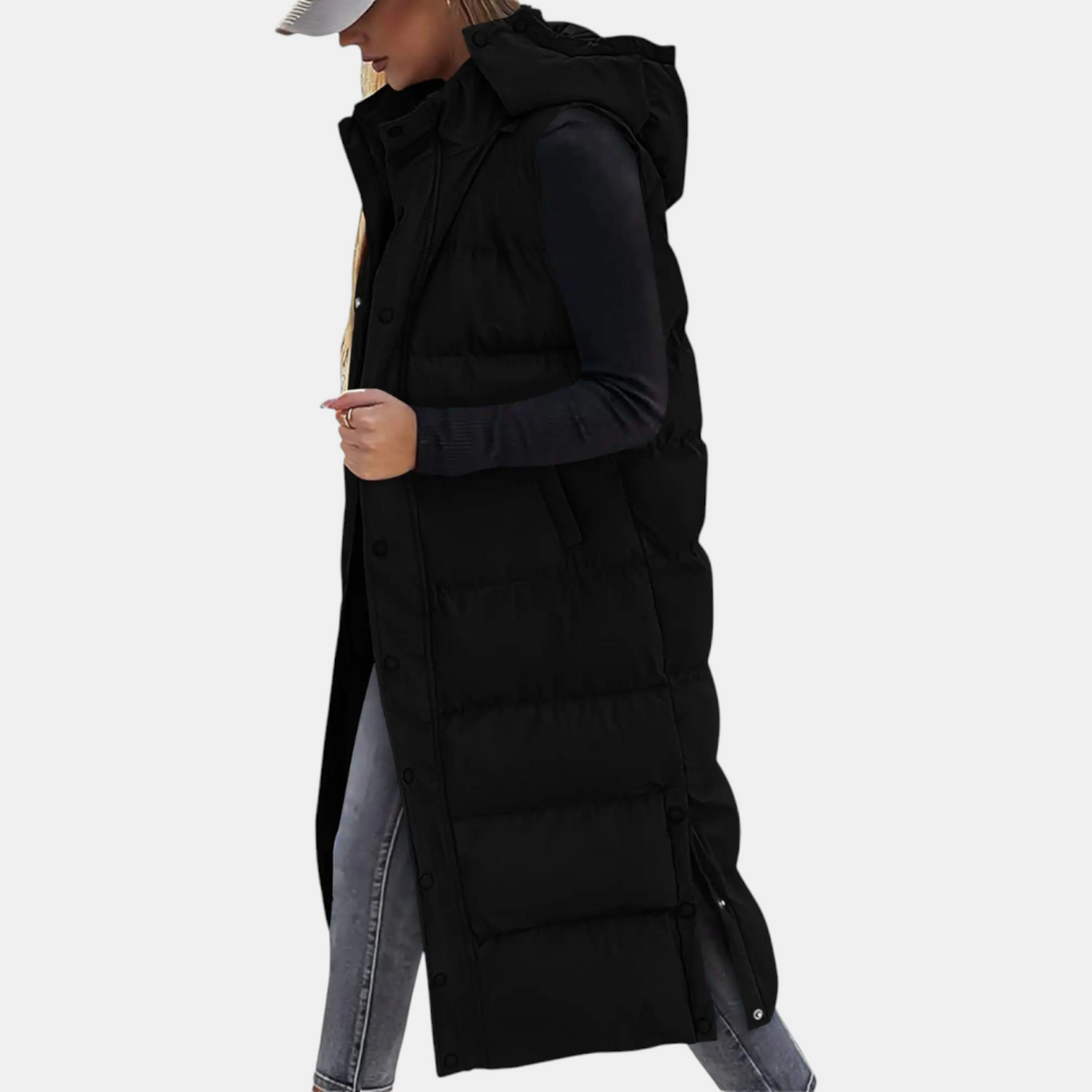 Women’s Puffer Vest Quilted Hooded Maxi Length Button Down
