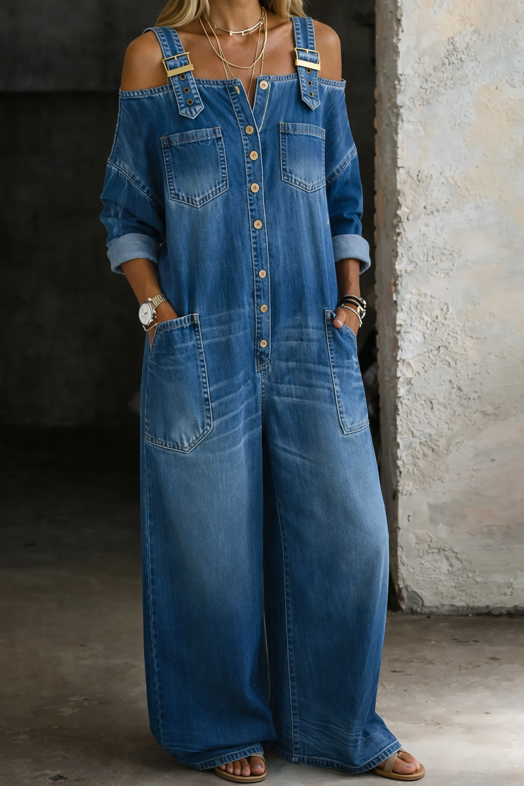 Sophia | Denim Dress with Off-the-Shoulder Sleeves