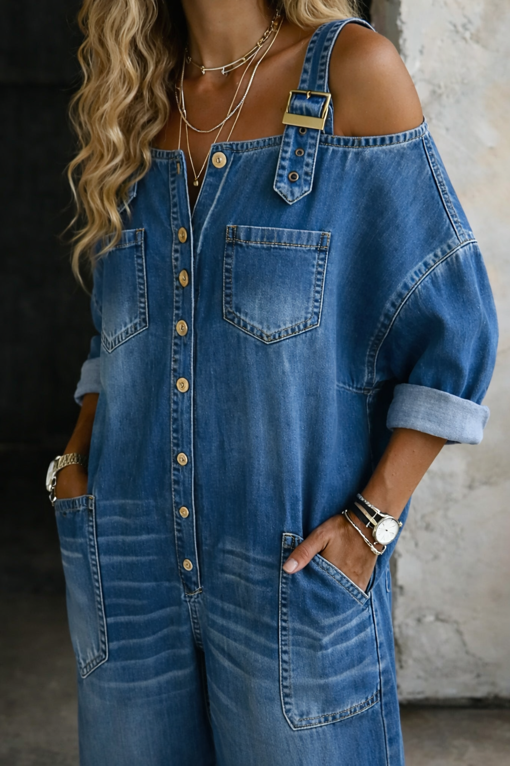 Sophia | Denim Dress with Off-the-Shoulder Sleeves