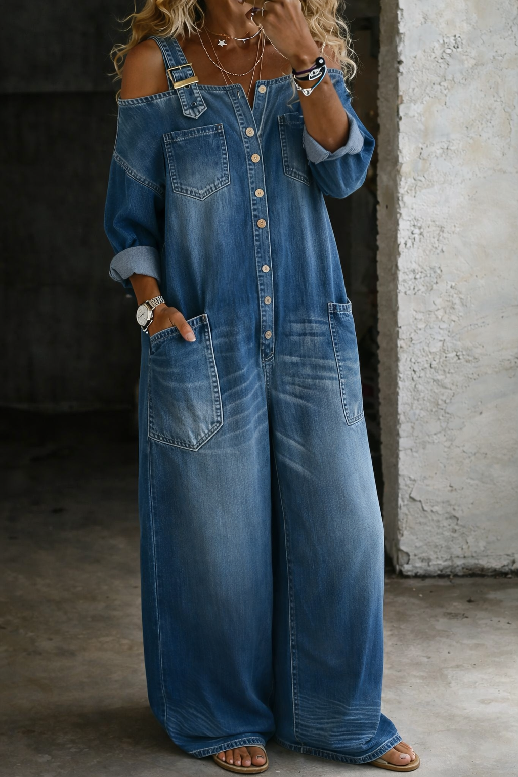 Sophia | Denim Dress with Off-the-Shoulder Sleeves