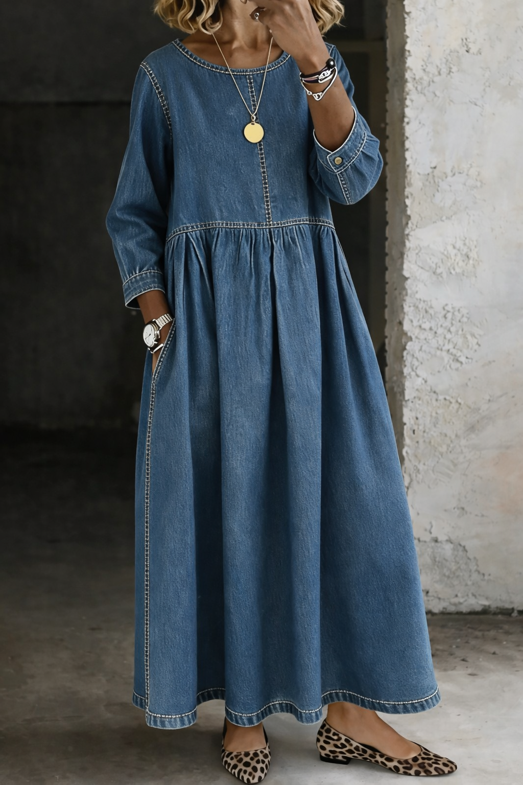 Melissa | Long Sleeve Denim Dress with Round Neck