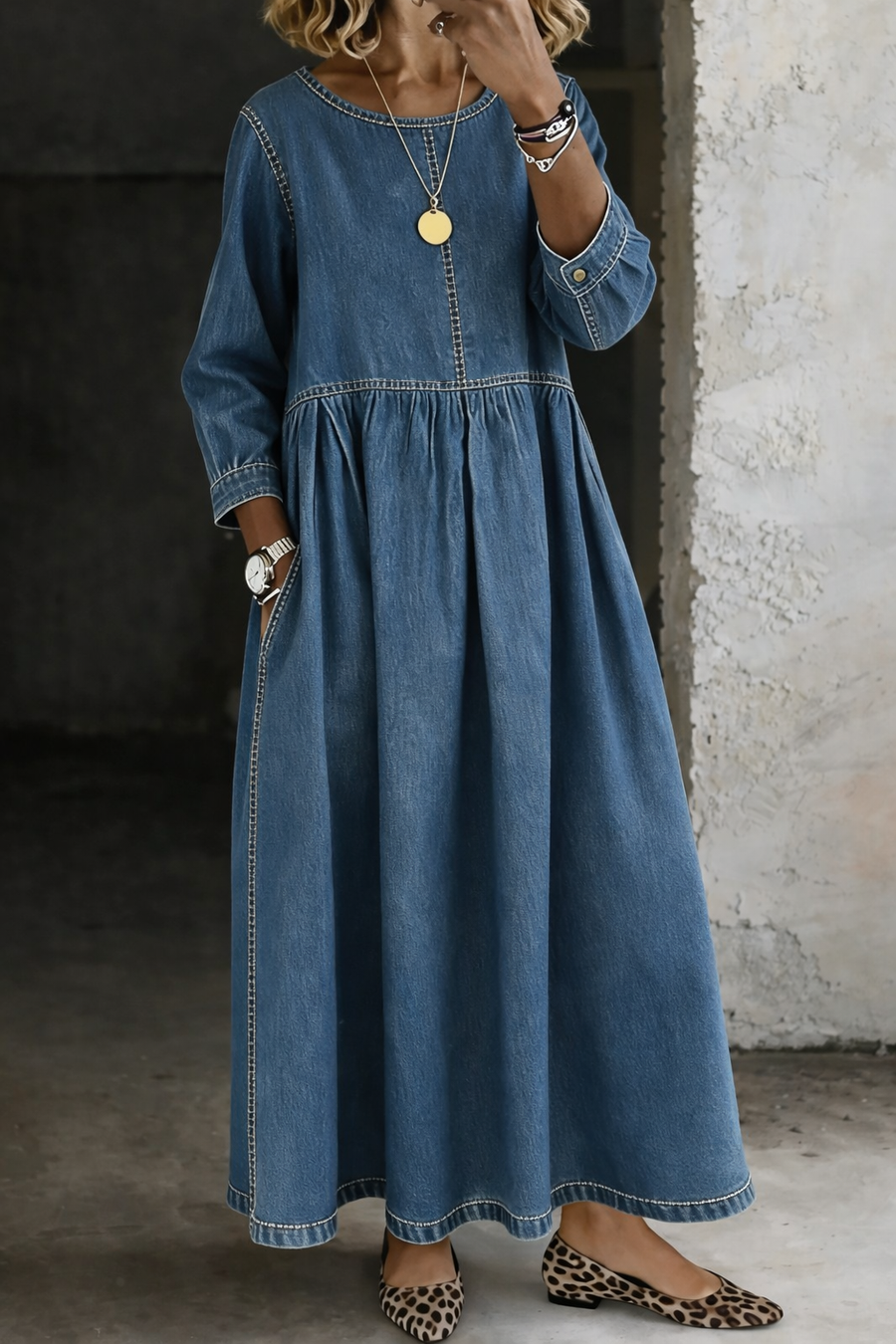 Melissa | Long Sleeve Denim Dress with Round Neck