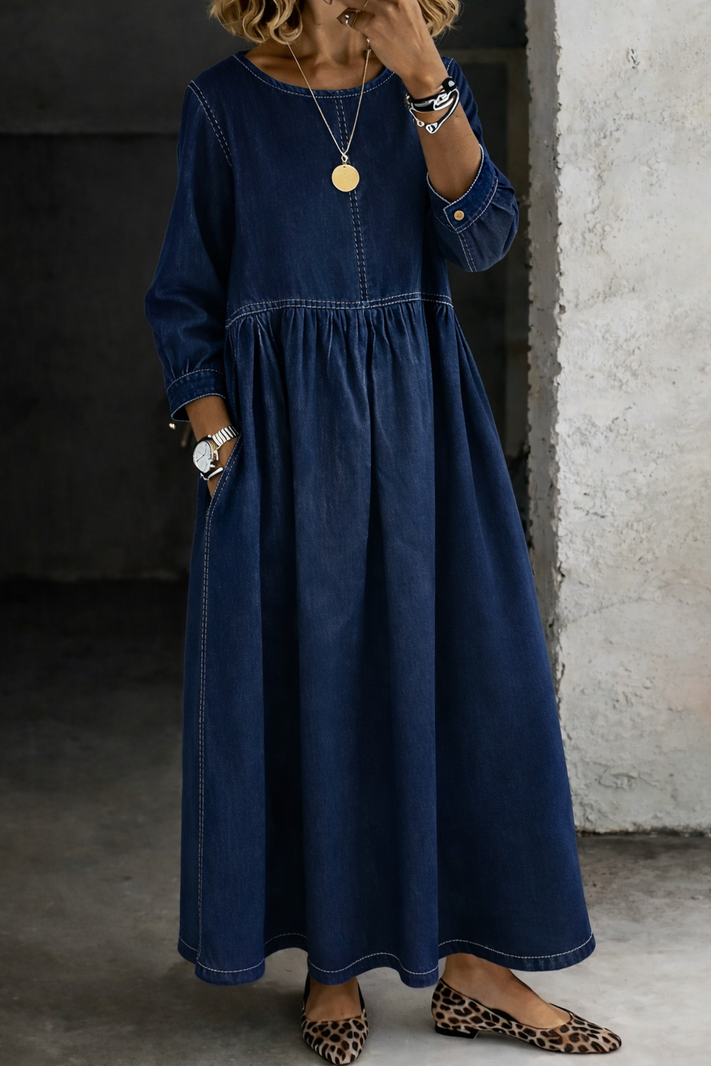 Melissa | Long Sleeve Denim Dress with Round Neck