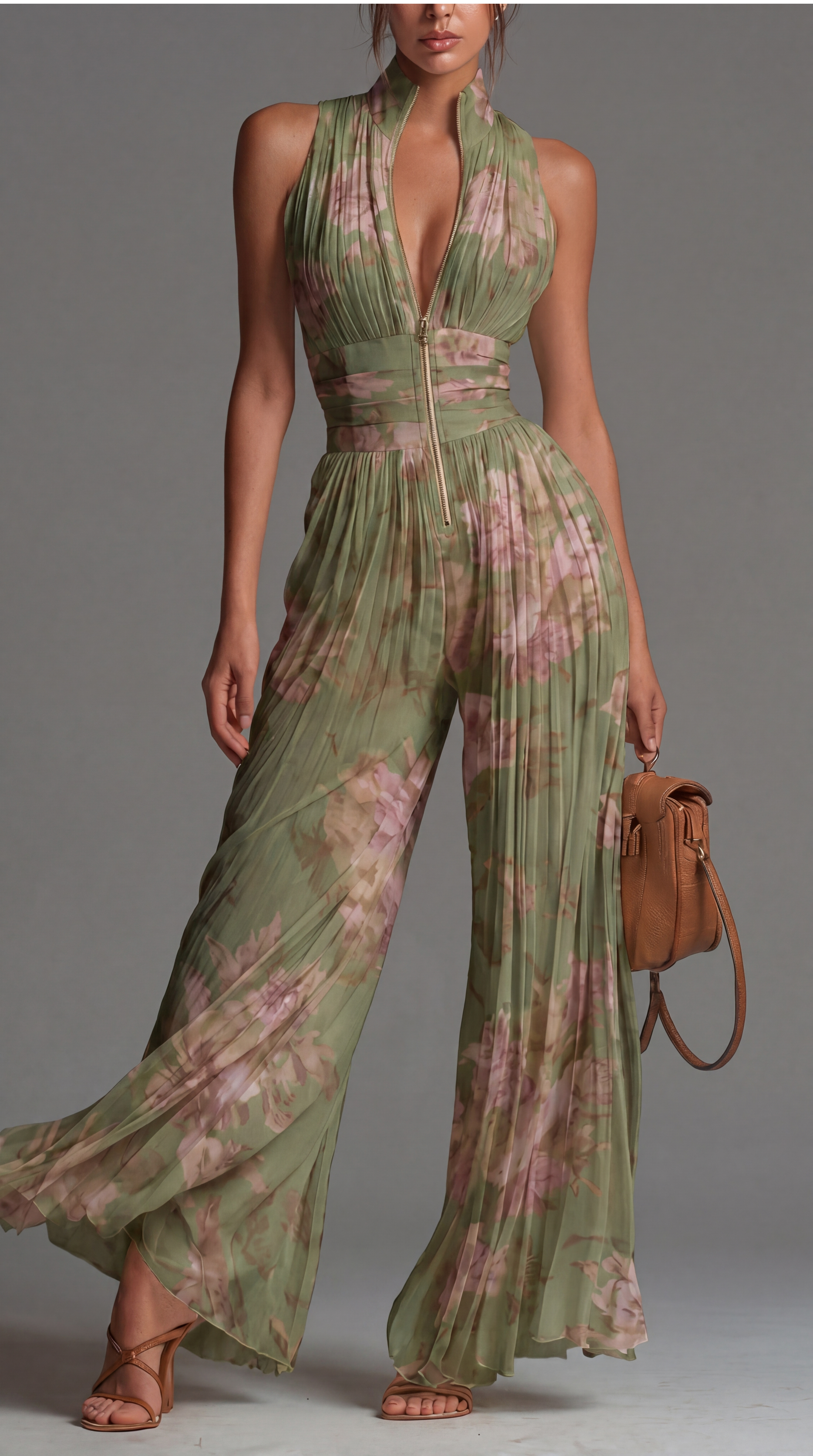 Pleated Floral Chiffon Jumpsuit