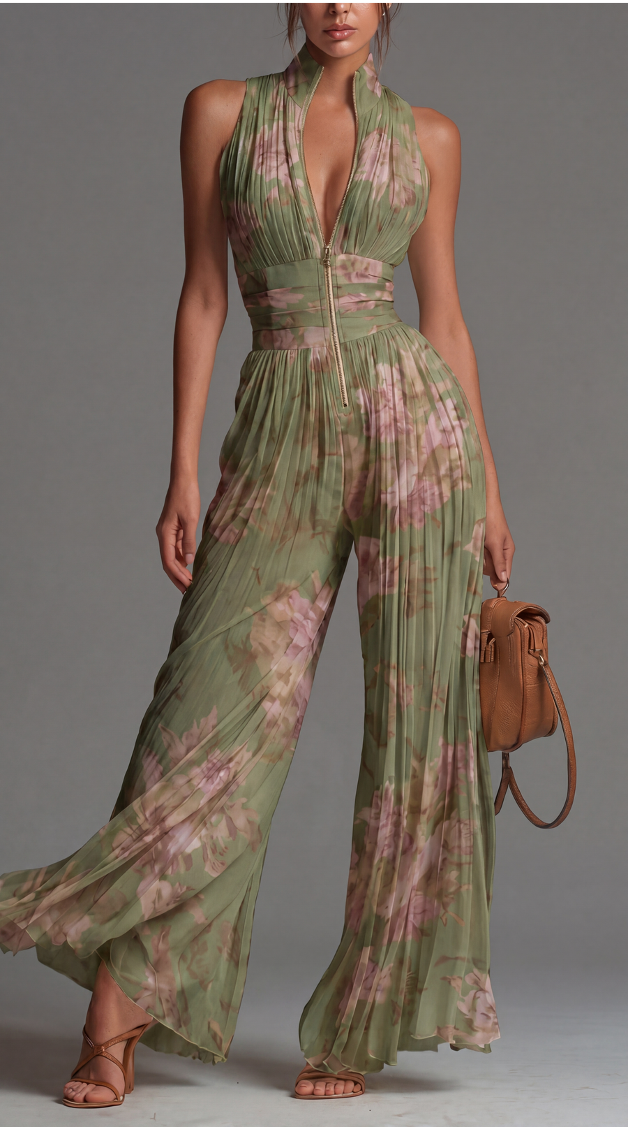 Pleated Floral Chiffon Jumpsuit