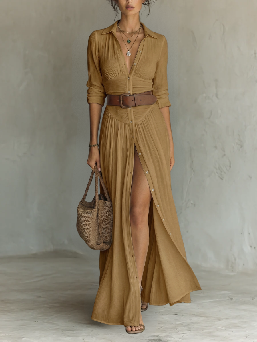 Long Maxi Dress with Notched Collar and Long Sleeves for Women • S1