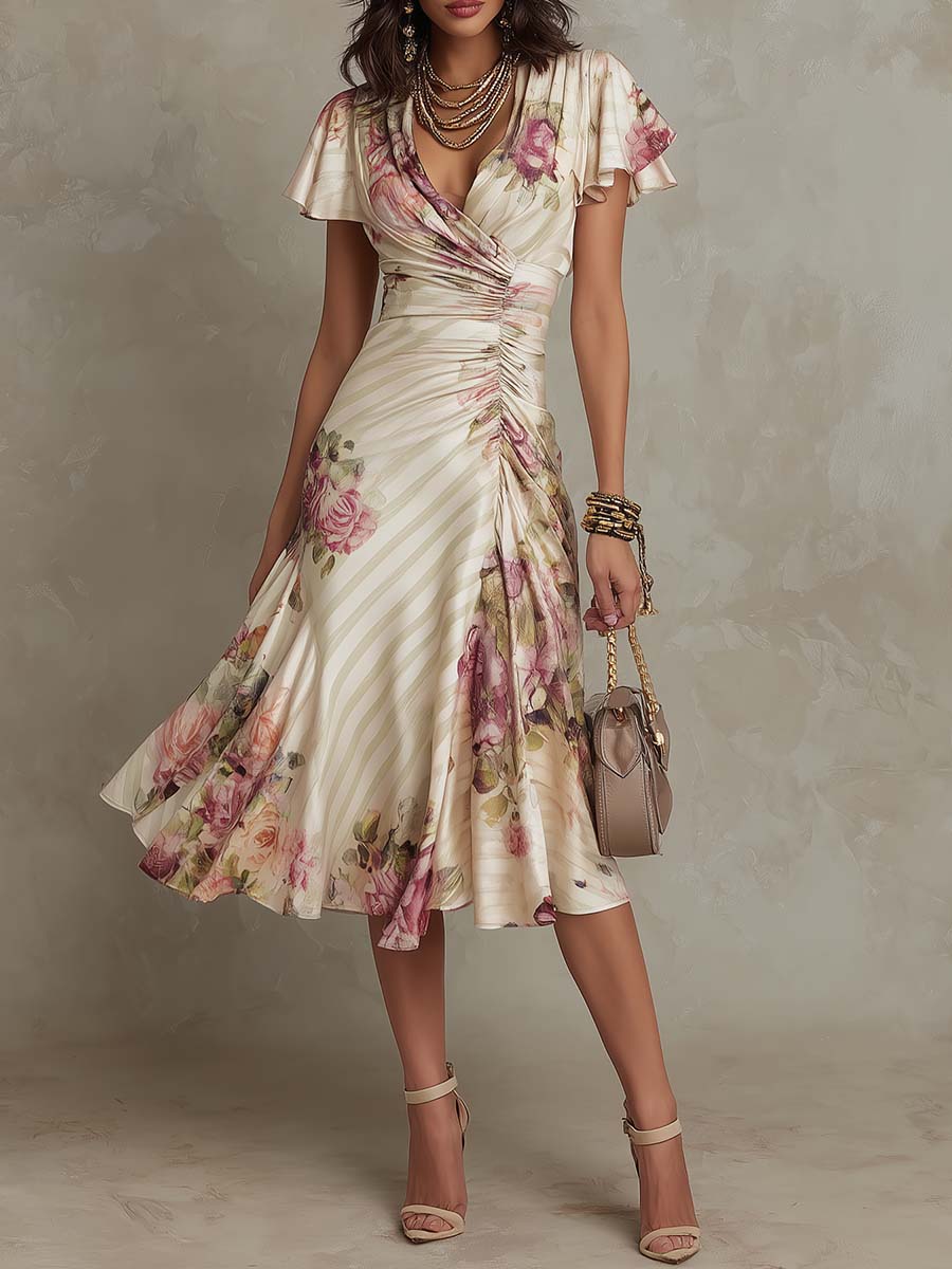 Alba | Elegant Retro Floral Satin Midi Dress ✨