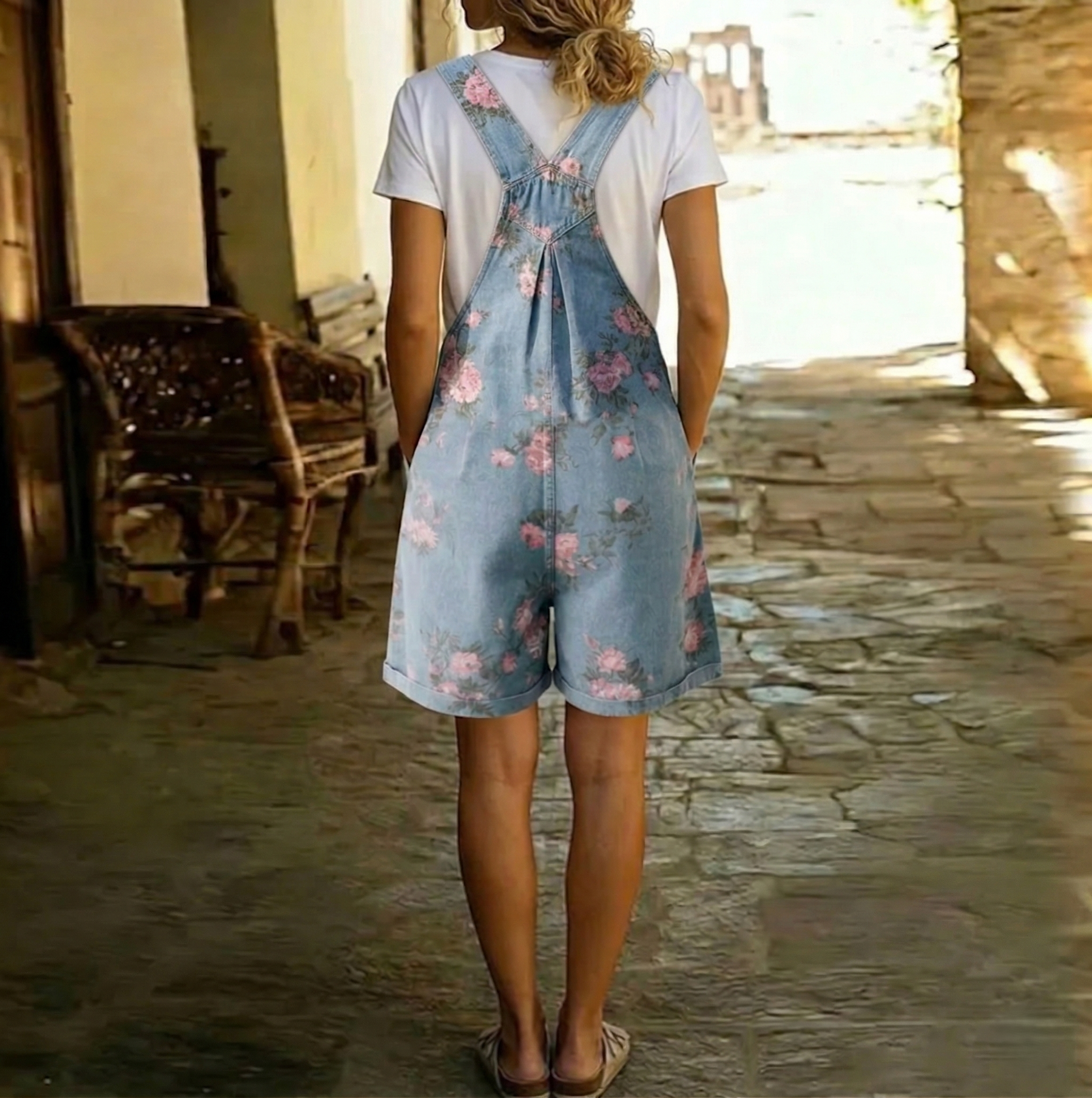 Adriana - Floral Denim Jumpsuit with Soft Cotton Feel and Vintage Wash