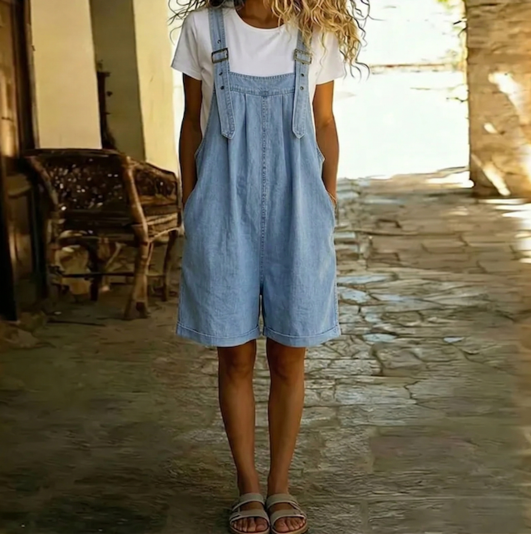 Isabel - Short Denim Jumpsuit with Soft Cotton Feel and Vintage Wash Light Blue