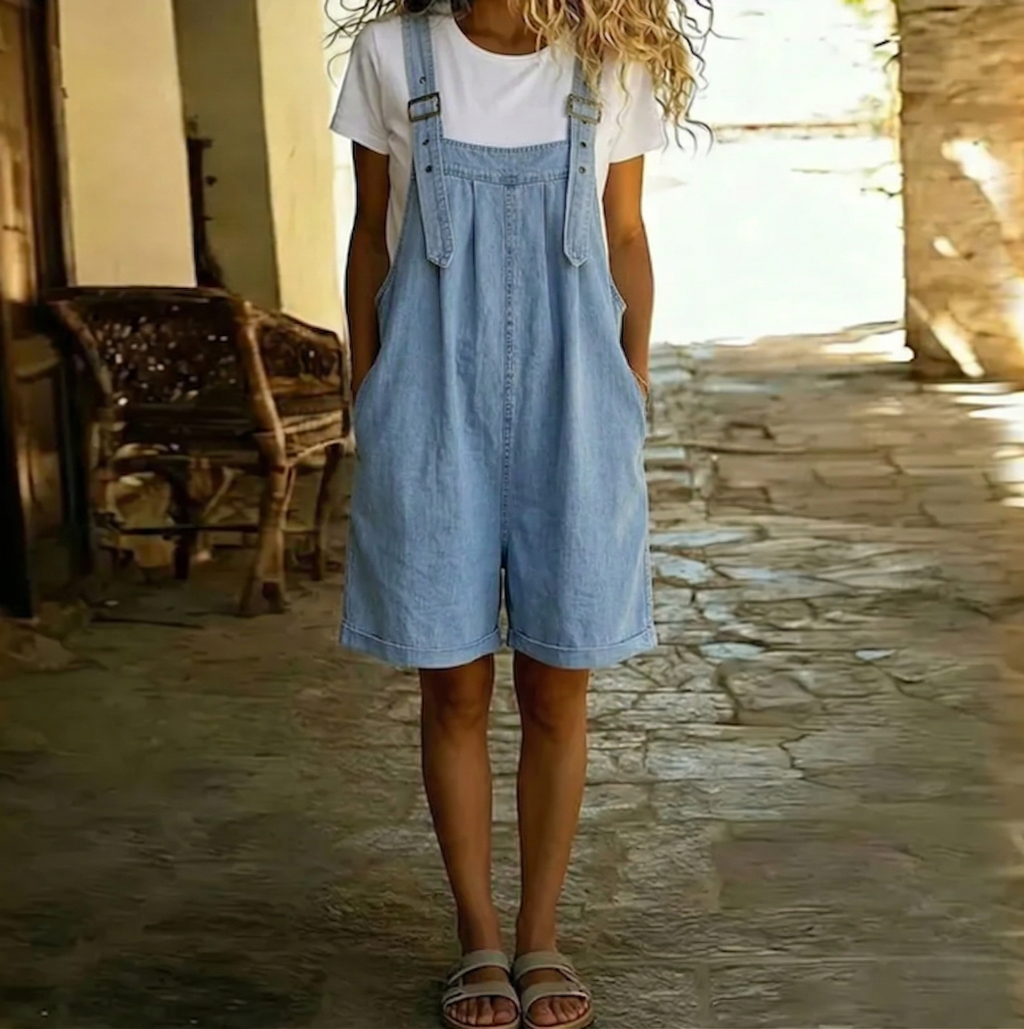 Isabel - Short Denim Jumpsuit with Soft Cotton Feel and Vintage Wash Light Blue
