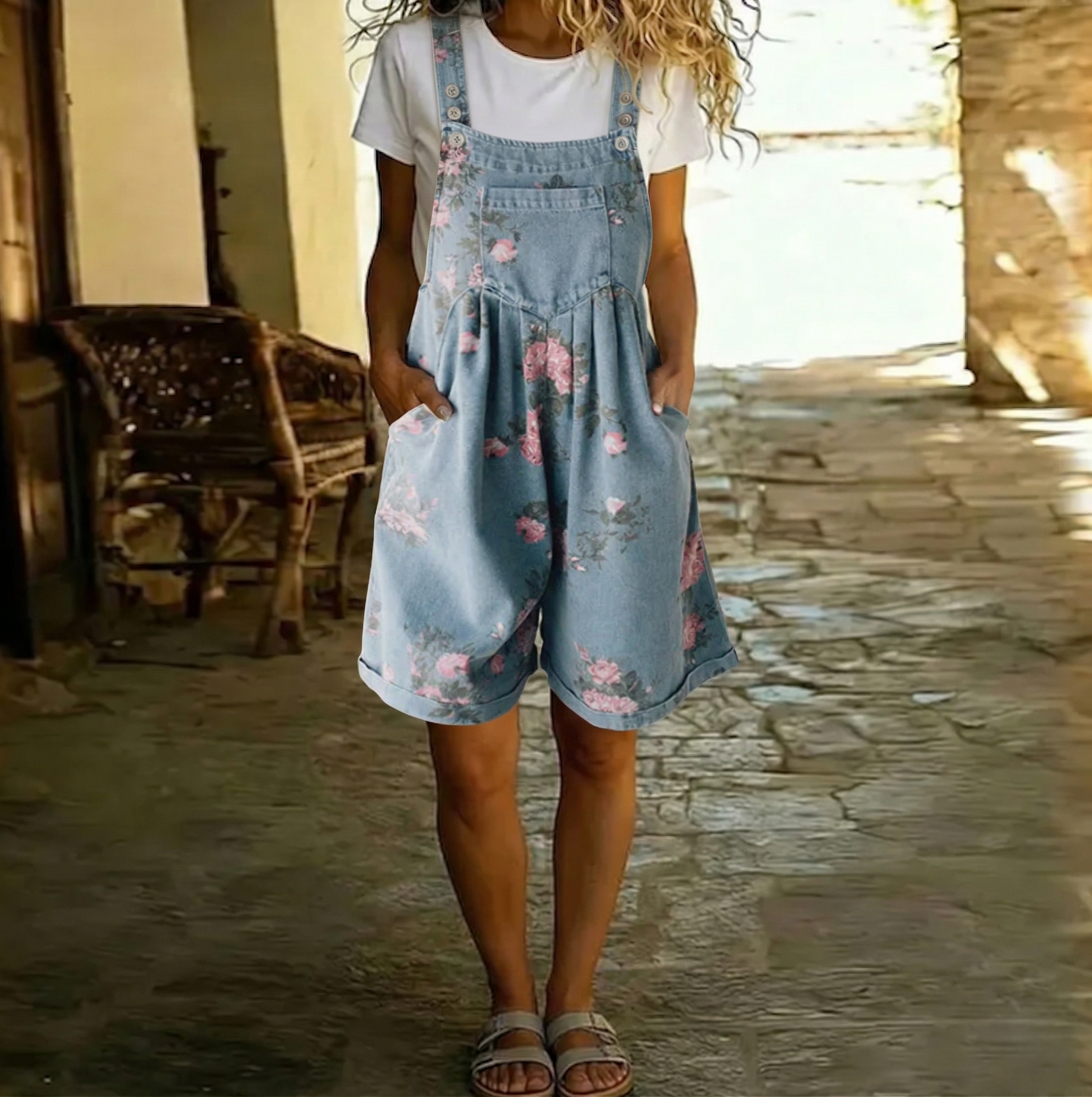 Adriana - Floral Denim Jumpsuit with Soft Cotton Feel and Vintage Wash