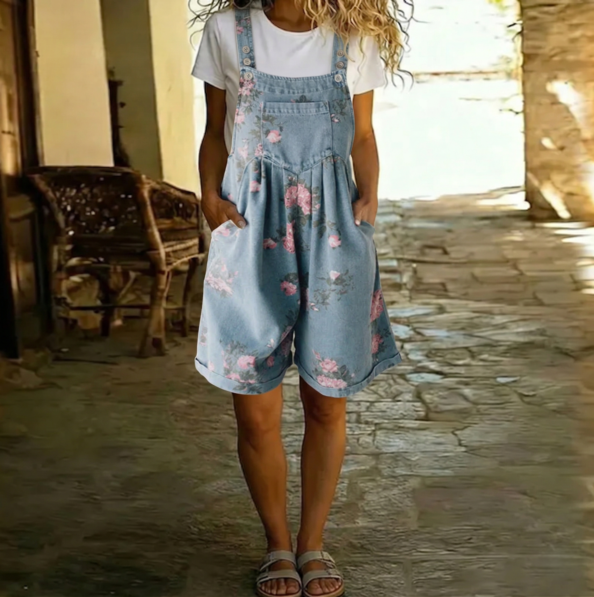 Adriana - Floral Denim Jumpsuit with Soft Cotton Feel and Vintage Wash