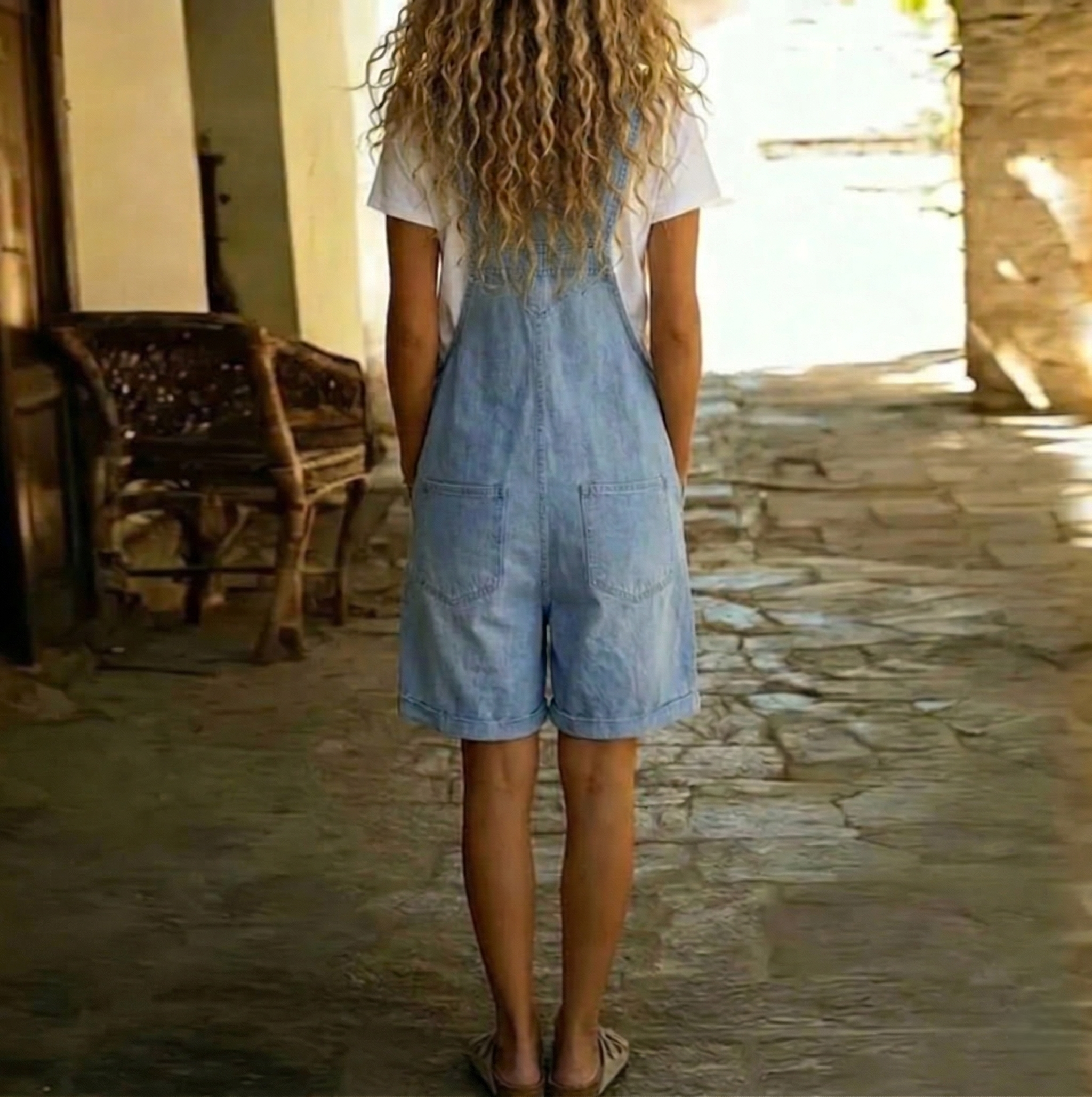 Isabel - Short Denim Jumpsuit with Soft Cotton Feel and Vintage Wash Light Blue