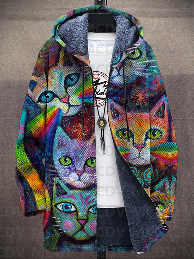 Orvana™ | Artistic Cat Print Zip-Up Hooded Cardigan