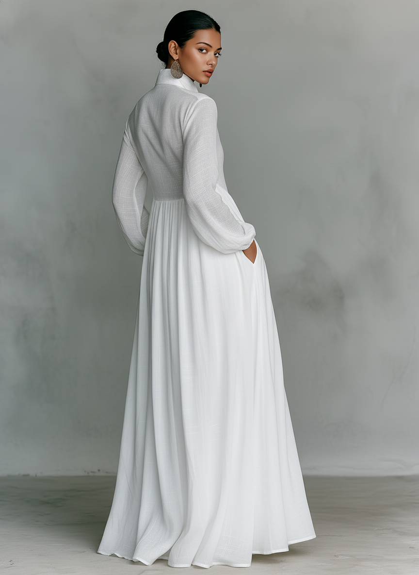 Maxi Minimalist Dress in Cotton & Linen with Patchwork, High Collar and Long Sleeves