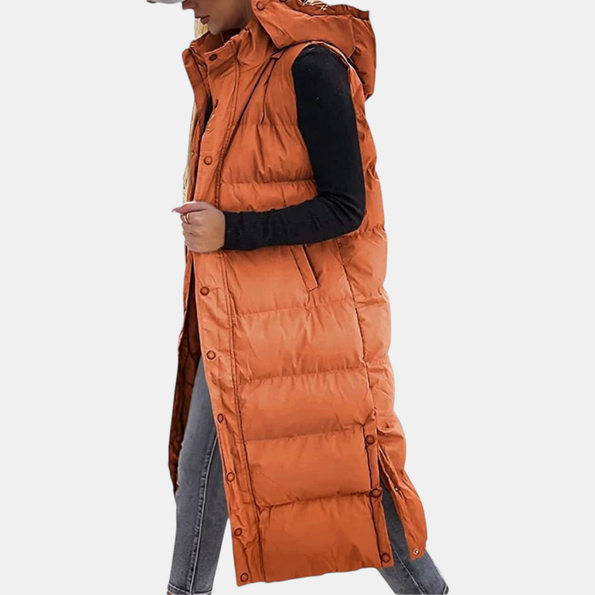 Women’s Puffer Vest Quilted Hooded Maxi Length Button Down