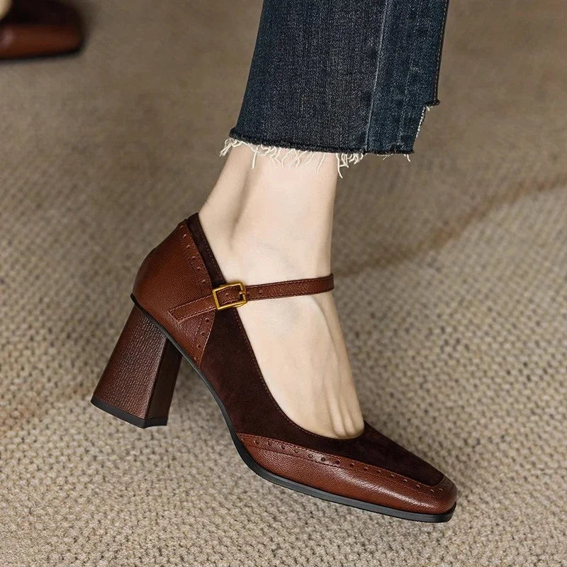 Constance | Women's Square Toe Block Heel Pumps Ankle Strap Brogue