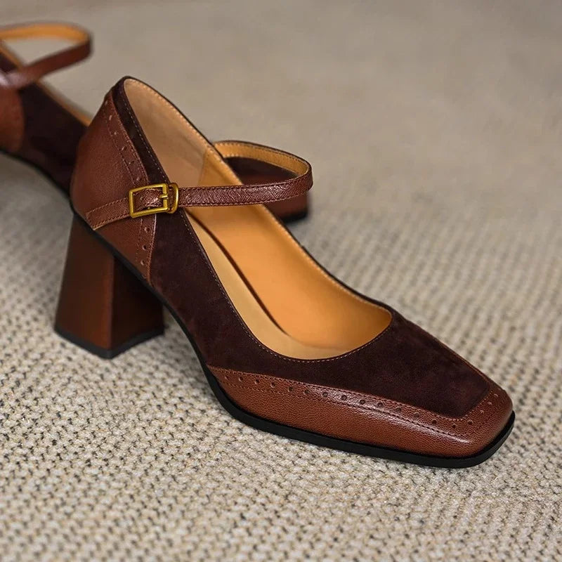 Constance | Women's Square Toe Block Heel Pumps Ankle Strap Brogue