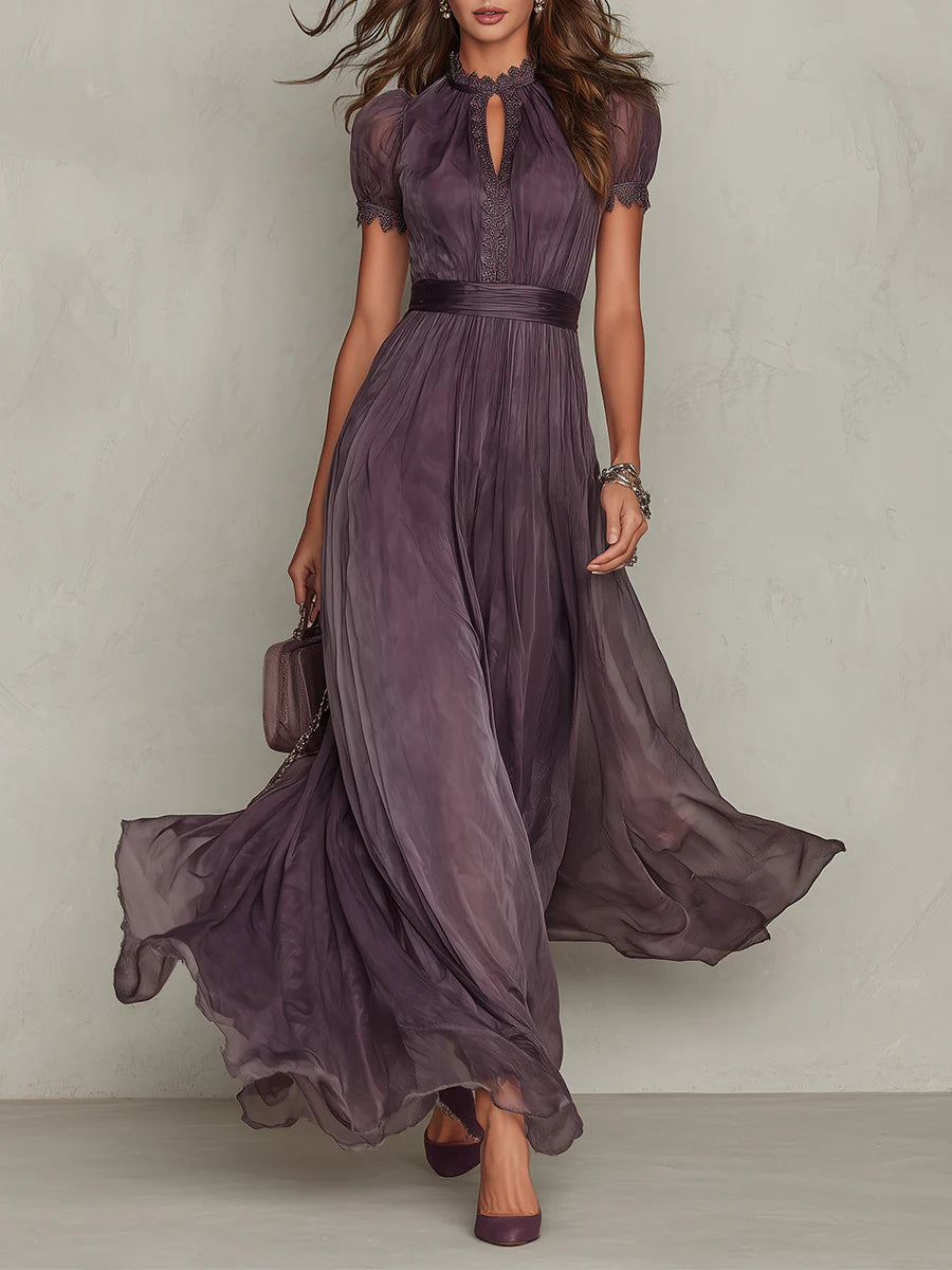 Flavia • Long Purple Dress with Keyhole Neckline & Chiffon Lace Trim