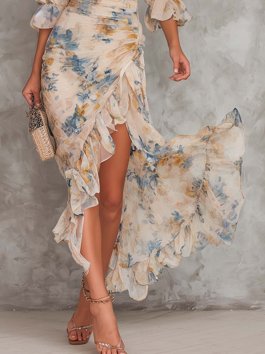 Turtleneck Floral Print Chiffon Maxi Dress