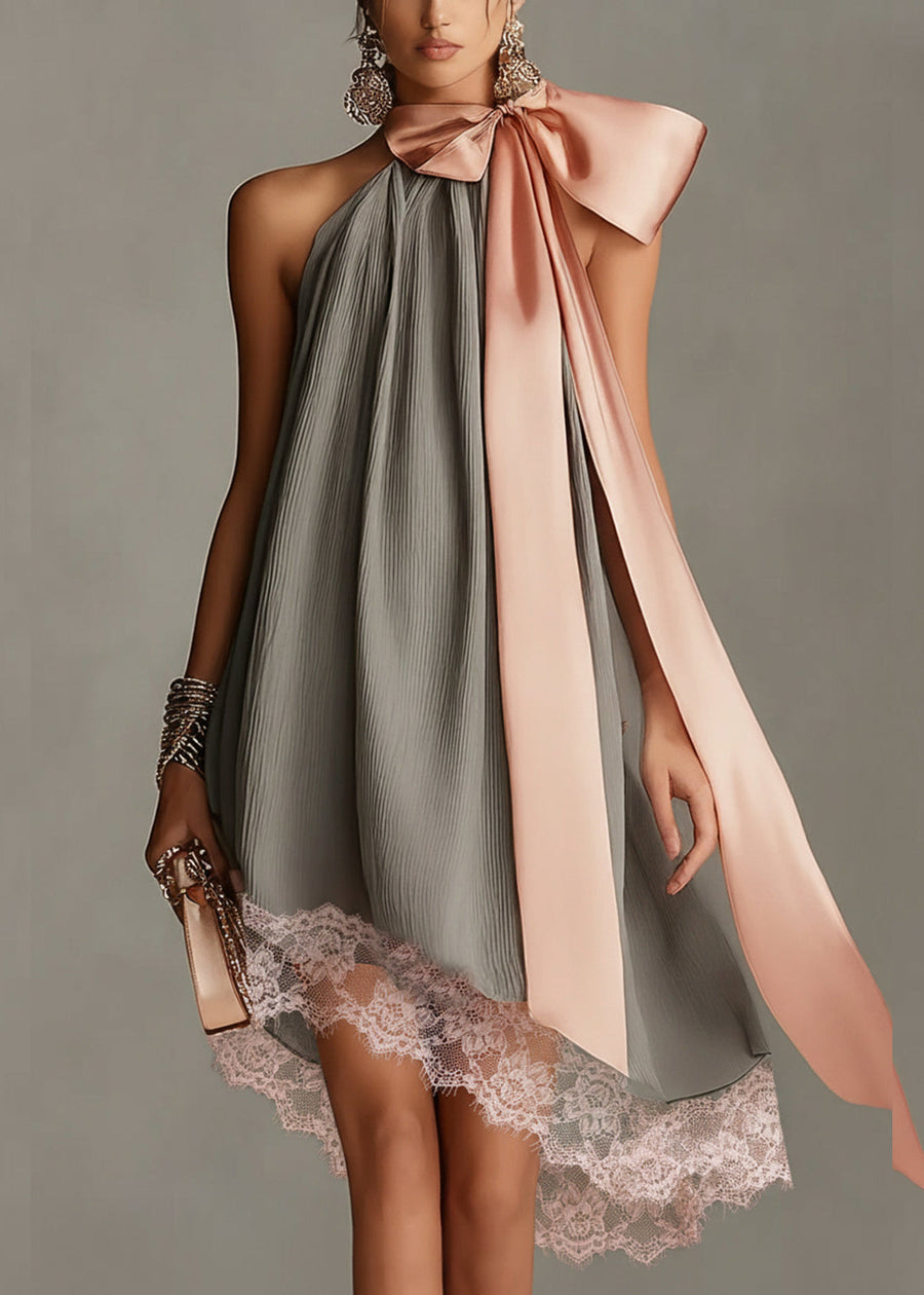 Beatrice | Grey satin mini dress with pink bow and lace
