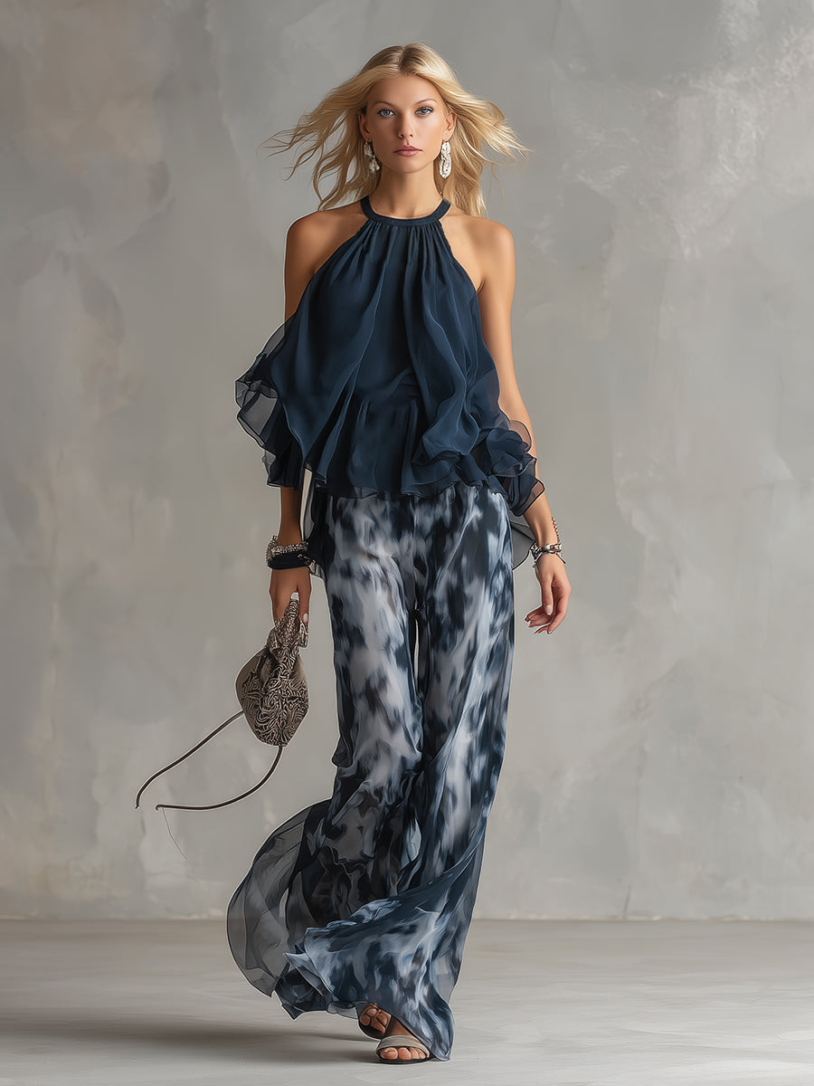 Ludovica – Elegant chiffon set with high-neck top and wide-leg printed trousers • S1