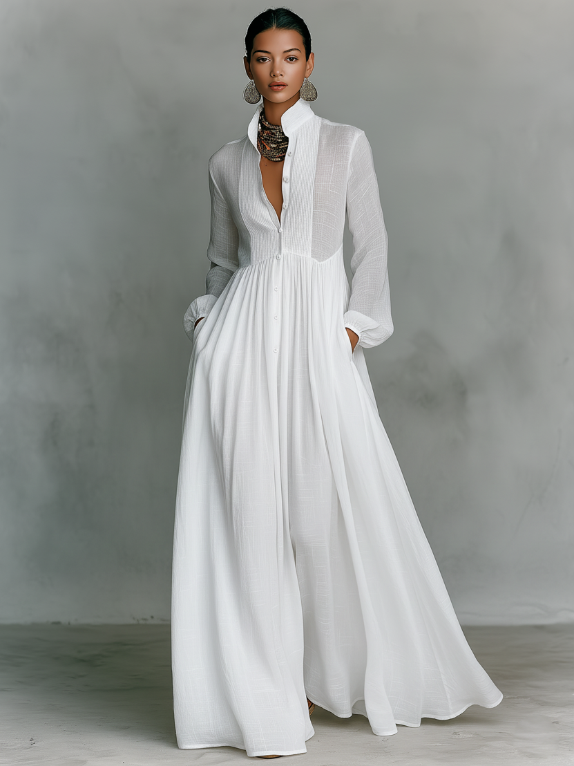 Maxi Minimalist Dress in Cotton & Linen with Patchwork, High Collar and Long Sleeves