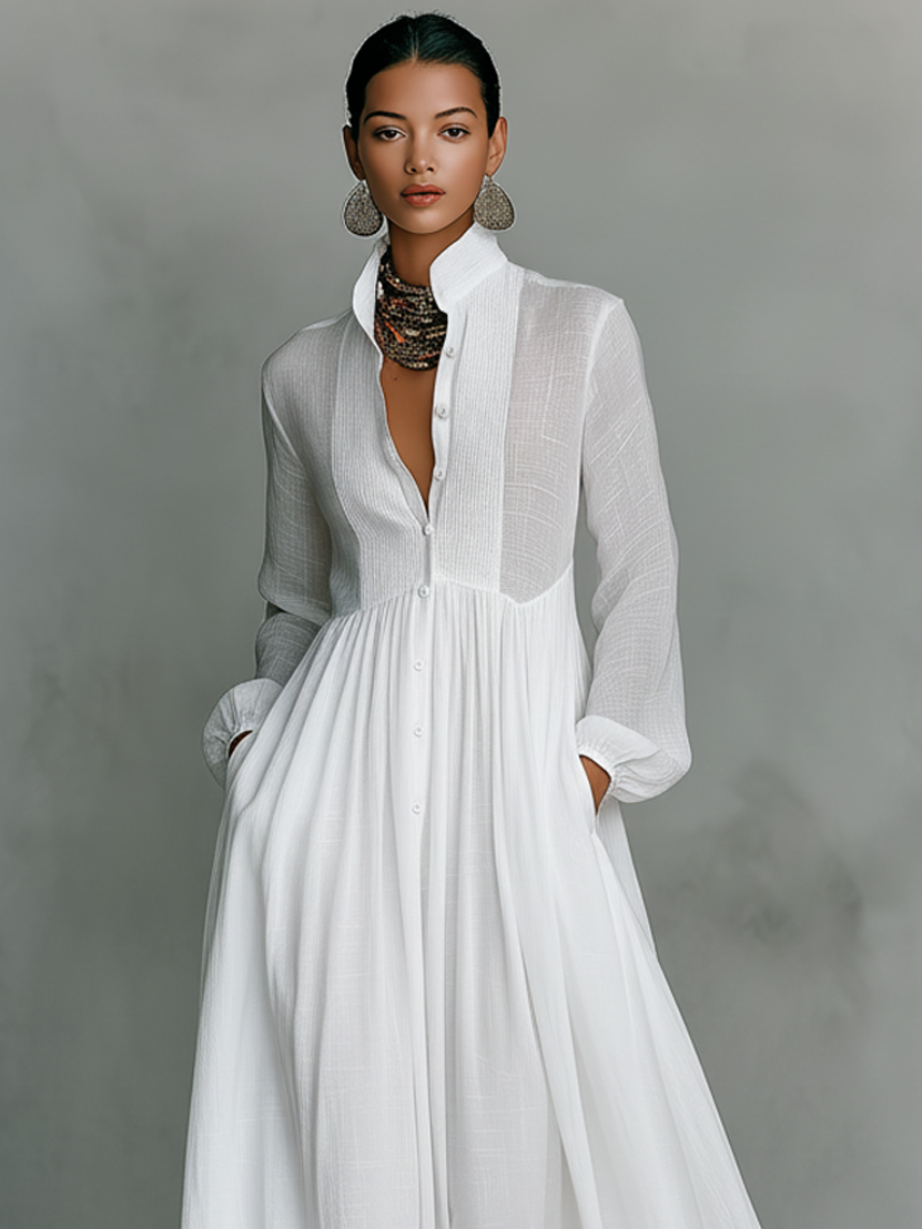 Maxi Minimalist Dress in Cotton & Linen with Patchwork, High Collar and Long Sleeves