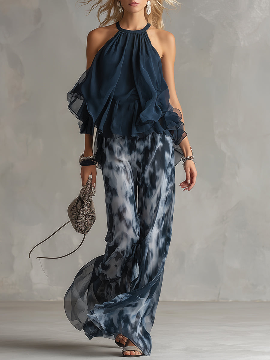 Ludovica – Elegant chiffon set with high-neck top and wide-leg printed trousers • S1