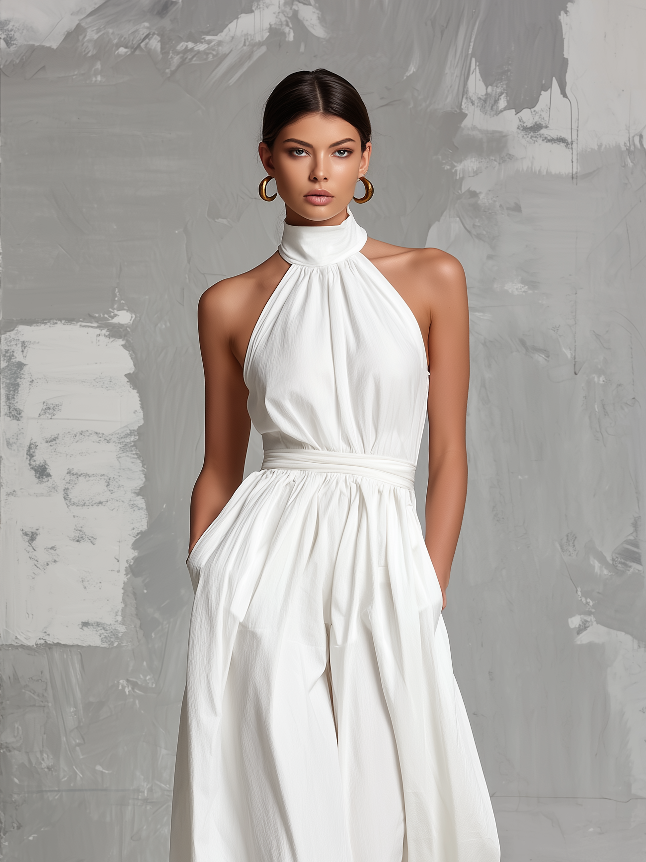 Zoltán | Elegant white woven sleeveless halter-neck jumpsuit • S1