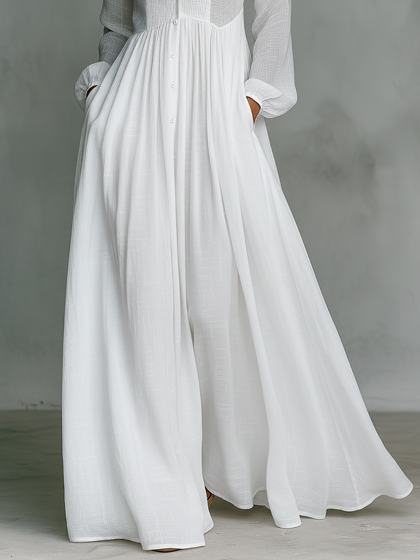 Maxi Minimalist Dress in Cotton & Linen with Patchwork, High Collar and Long Sleeves
