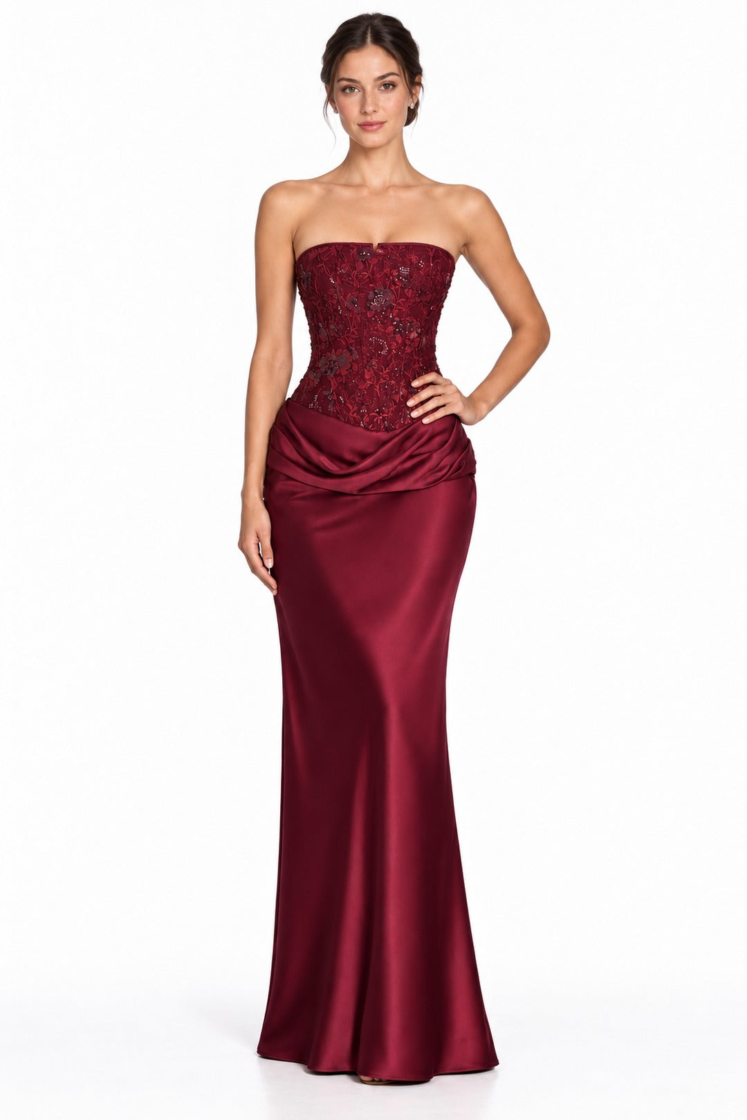 Cassia · The Burgundy Embellished Corset Strapless Maxi Gown
