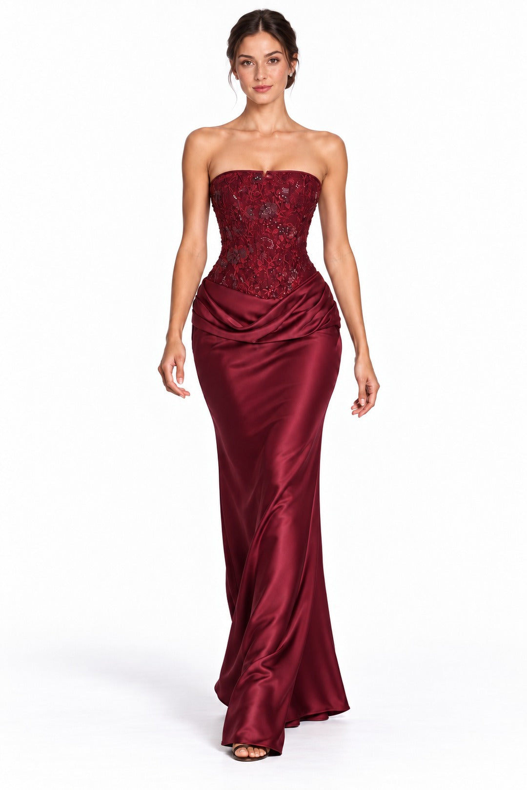 Cassia · The Burgundy Embellished Corset Strapless Maxi Gown
