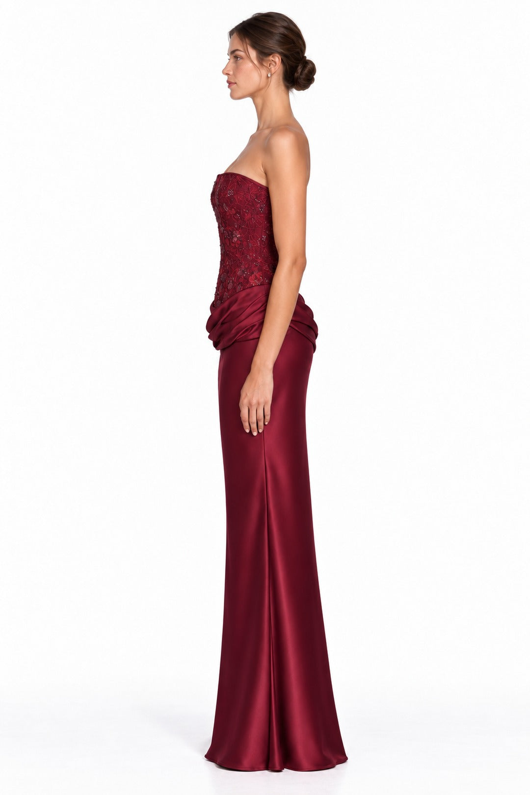 Cassia · The Burgundy Embellished Corset Strapless Maxi Gown