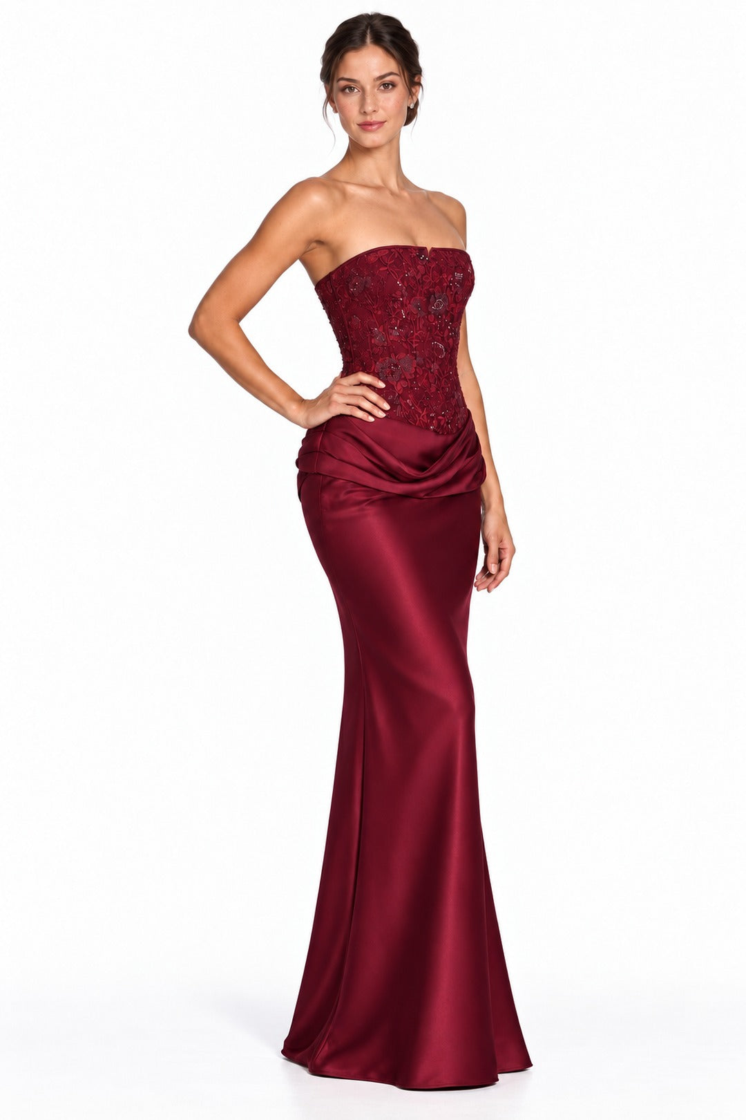 Cassia · The Burgundy Embellished Corset Strapless Maxi Gown