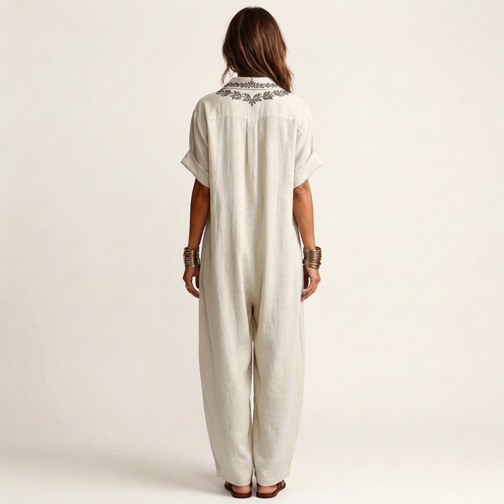 Amarina | Embroidered V-Neck Collar Linen Maxi Dress