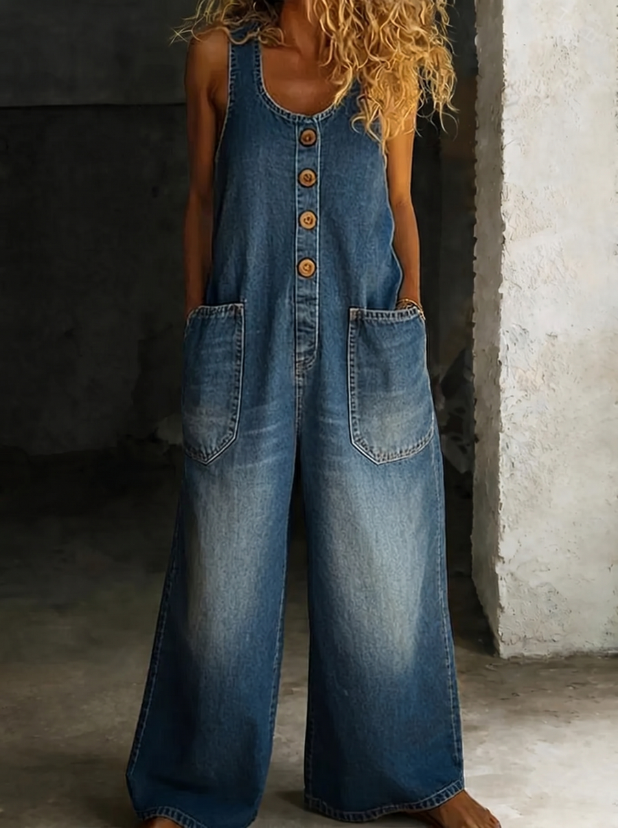 Valentina - Vintage Washed Cotton Denim Dungarees